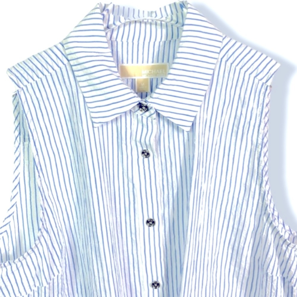 Michael Kors top, blue & white striped, seersucker vibe, sleeveless, tie front - Picture 3 of 8